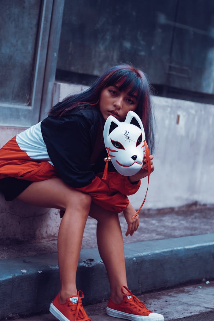 A fashionable woman poses with a fox mask in urban streetwear, showcasing modern style.